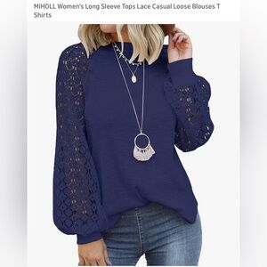 Women's Navy Blue Lace Sleeve Top